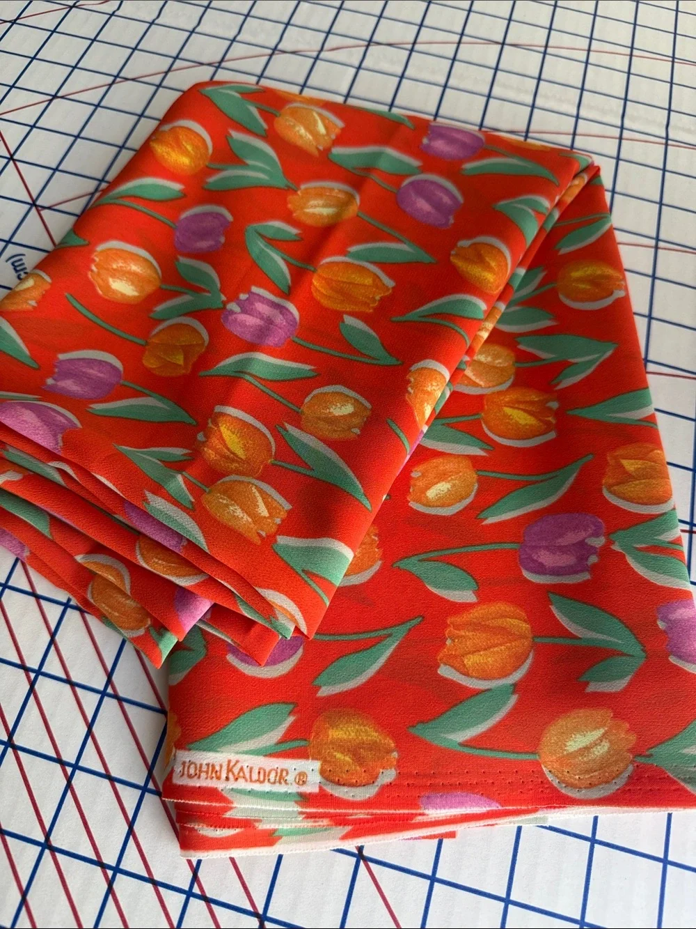 Vintage John Kaldor Fabric 3 Yds Tulip Floral Orange/Red Crepe Semi Sheer 44”